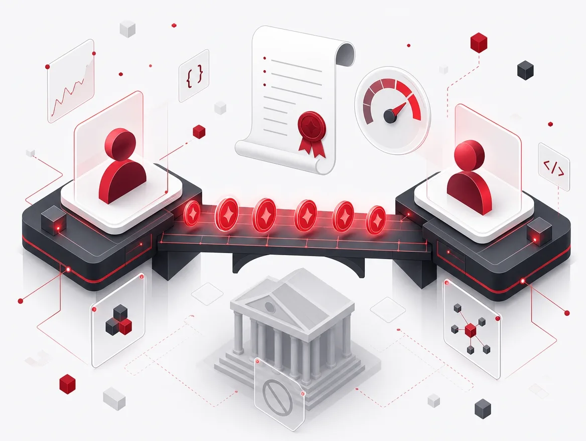 Lending platform connecting borrower and lender across a credit decision, a signed agreement, and a scored assessment
