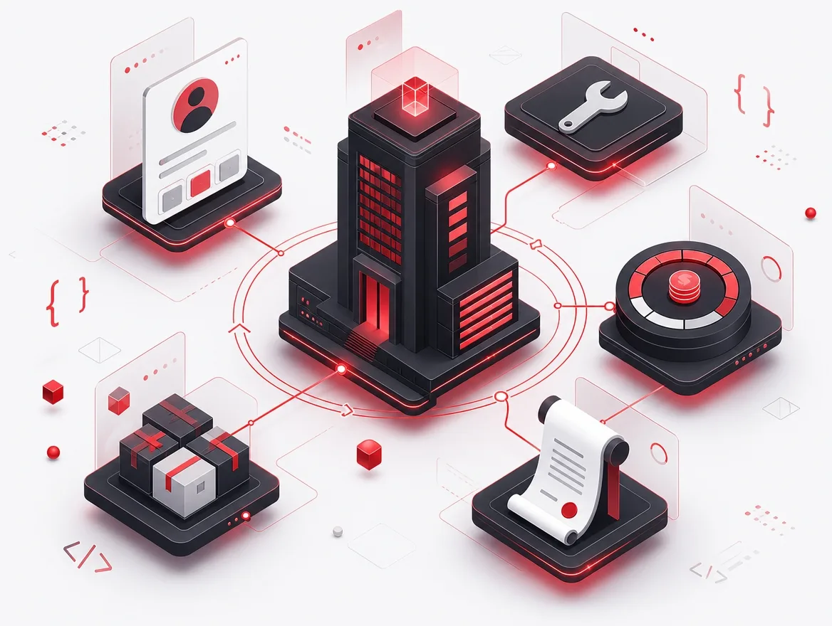 Property management system linking a building to tenant records, maintenance requests, rent collection, and signed leases