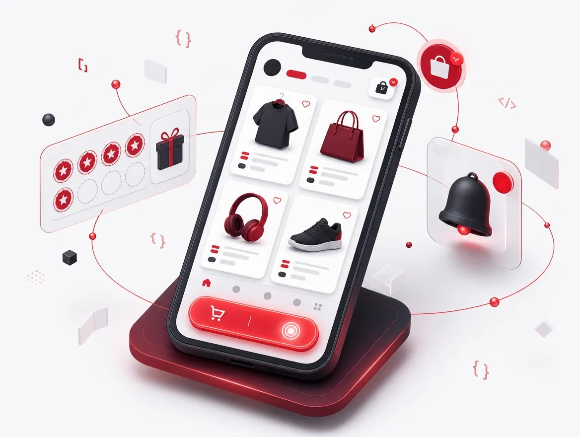 Retail mobile app with shopping, loyalty wallet, in-store scanning, and click and collect
