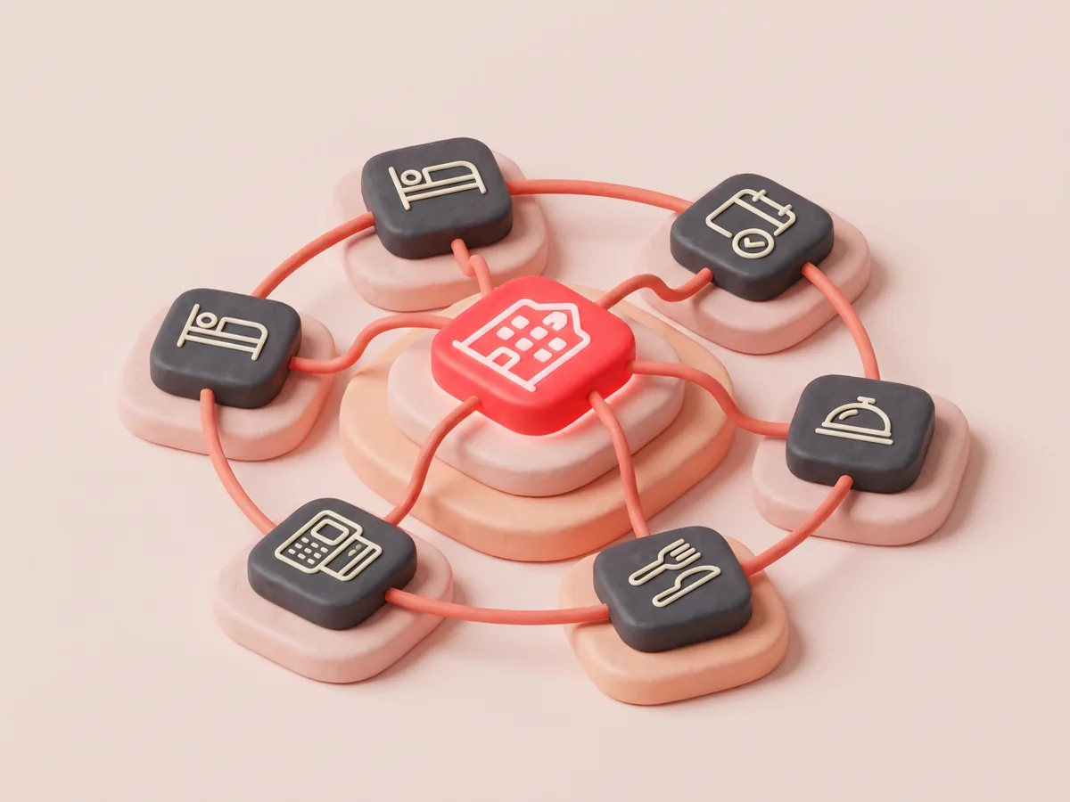 Hospitality software connecting rooms, bookings, service, dining, and payment