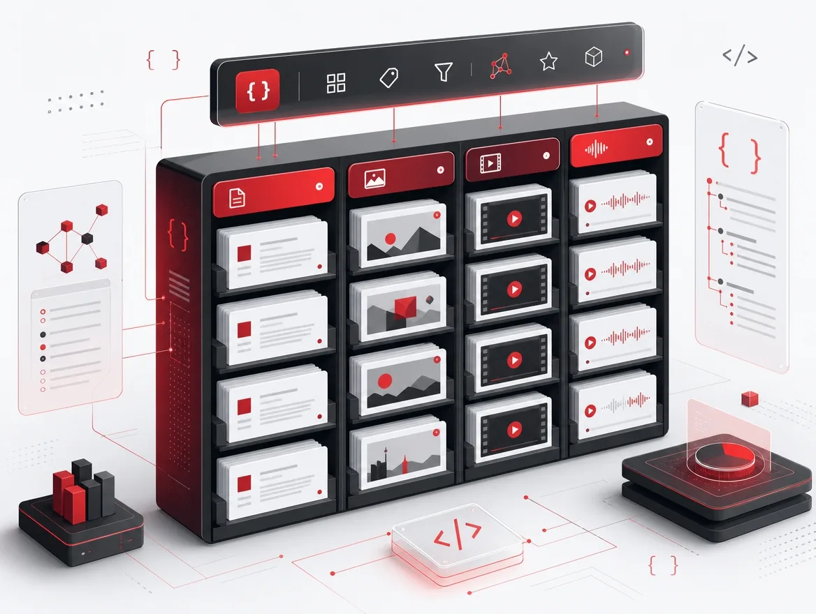 A content library of documents, images, video and audio behind a control panel