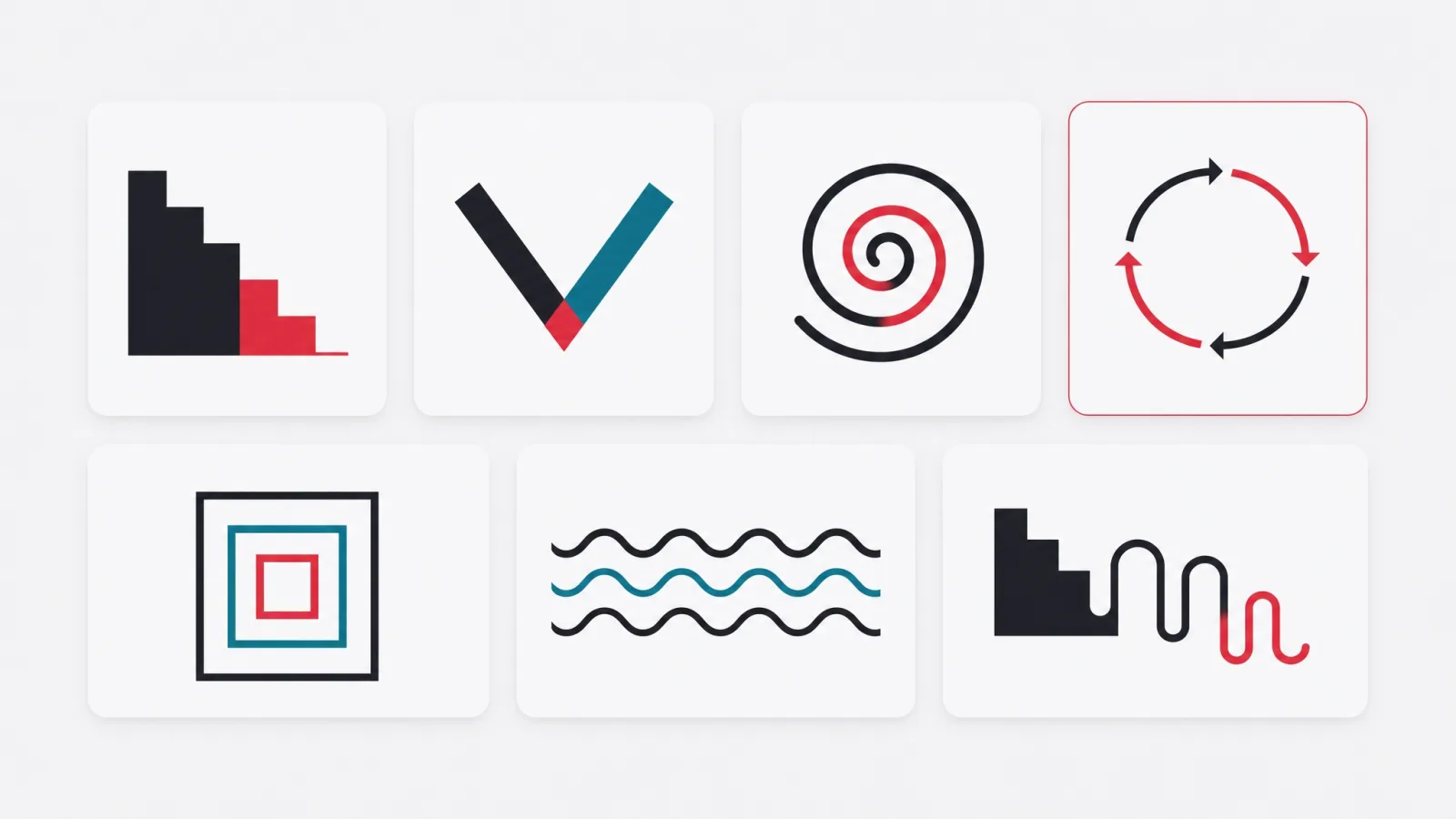 Seven cards each bearing a distinct process-shape glyph, one highlighted in red