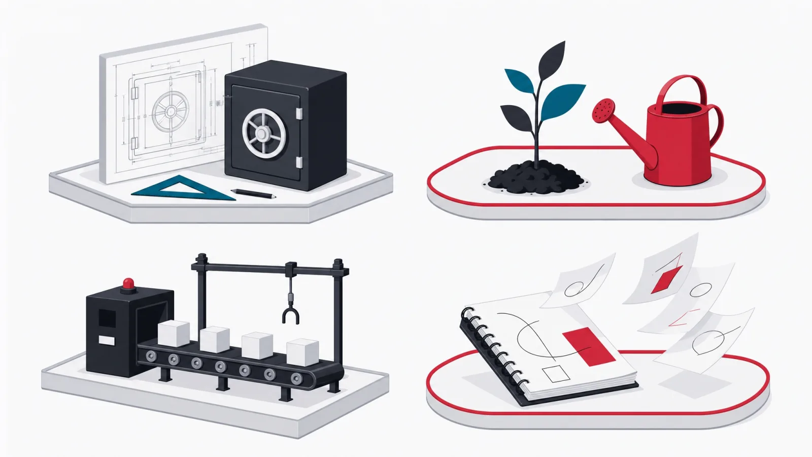 Four miniature project scenes on platforms bordered either by straight gray or looping red frames