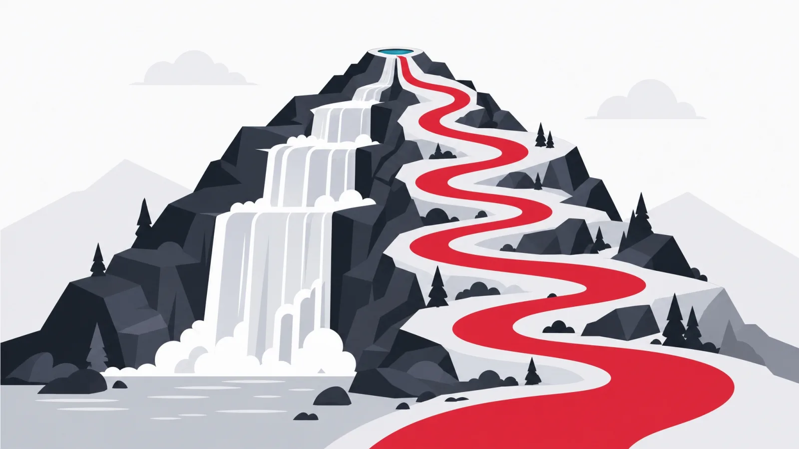 A terraced waterfall beside a looping red river, both flowing from one shared spring