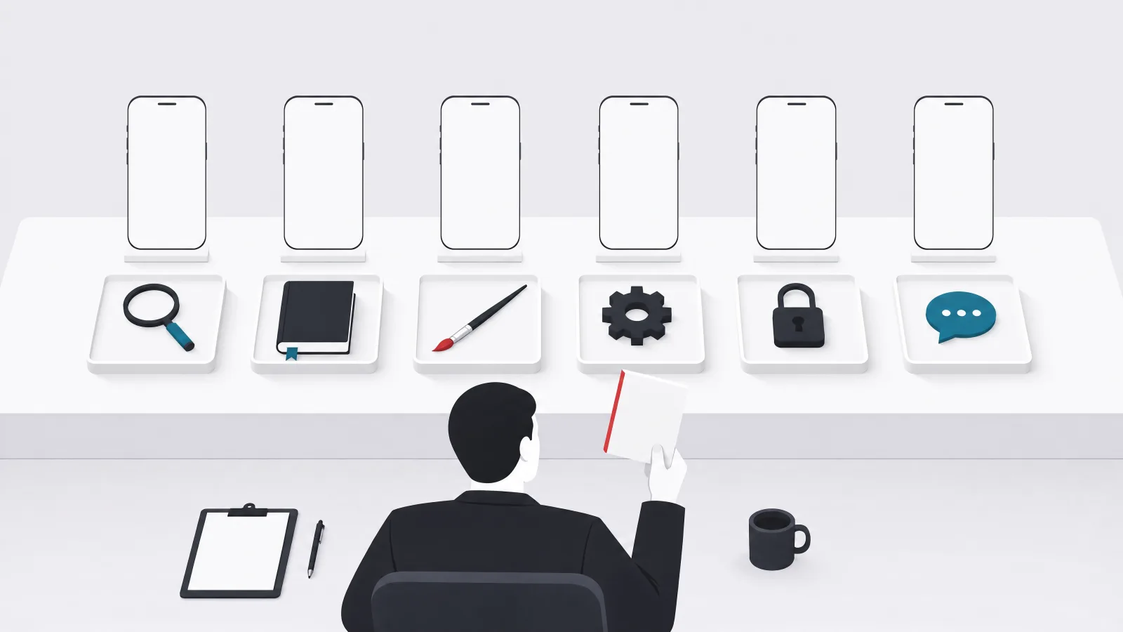 Six identical phone silhouettes on a judging table, each with a tray holding a different abstract object, before a judge with a scorecard