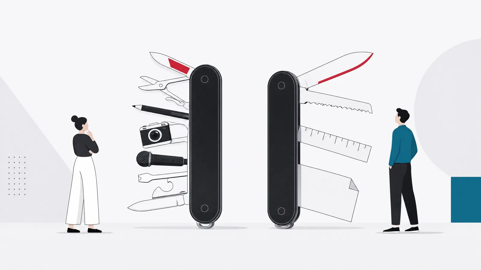Two opened multitools side by side, one with many short varied tools and one with fewer longer tools