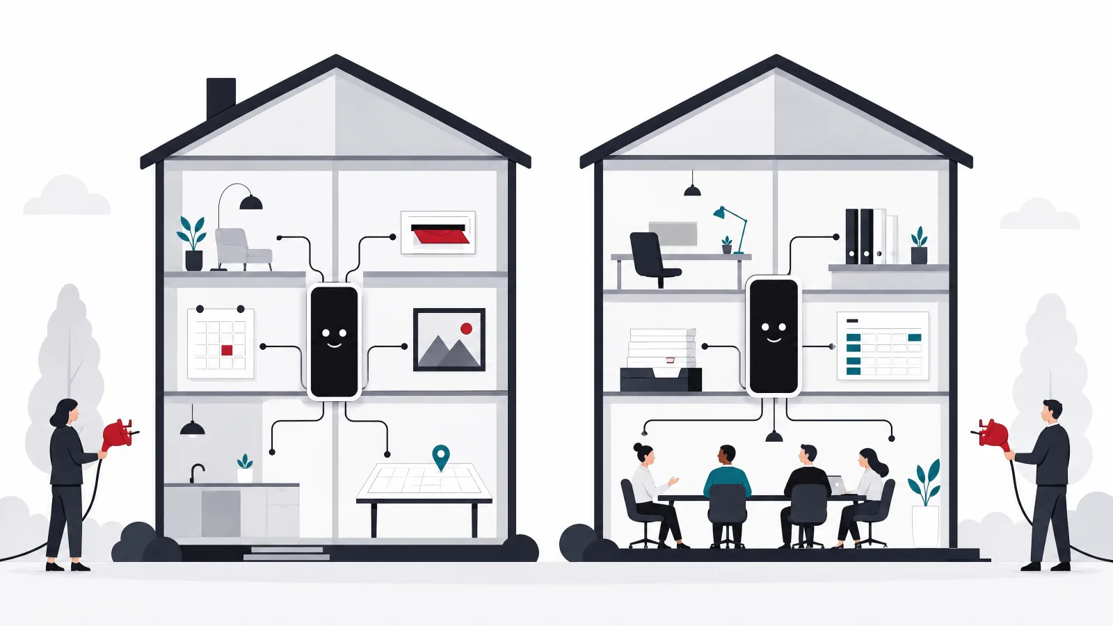 Two cutaway houses with an assistant figure wired into every room, one domestic and one office-like, each with a figure outside holding a plug