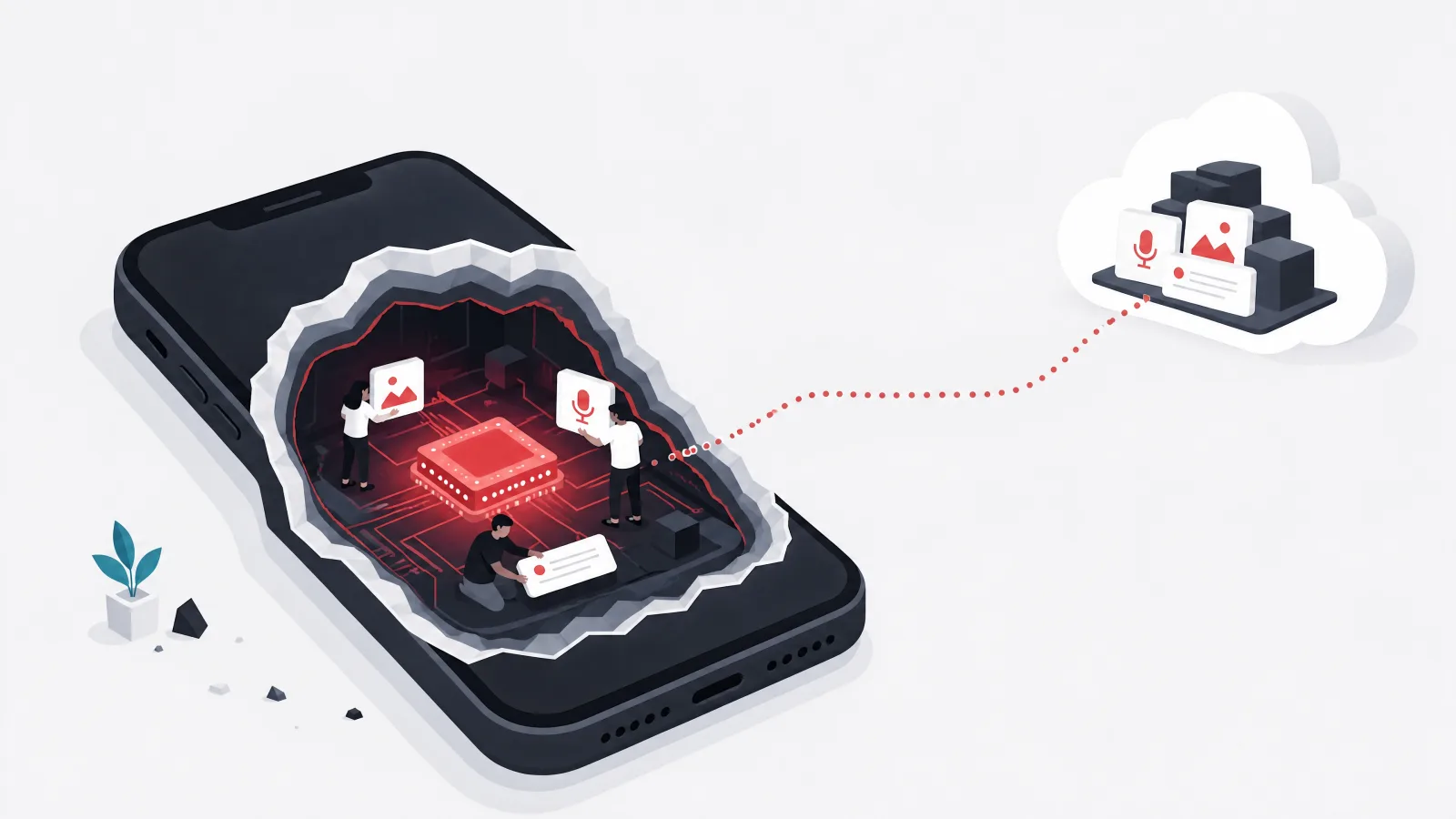 A phone cut open to show a glowing processor handling small tasks, with a dotted path leading to a distant cloud holding a heavier bundle