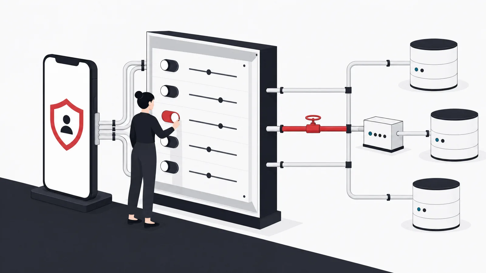 A figure flipping a switch on a control board that closes one of several pipes running from a phone to local and distant storage