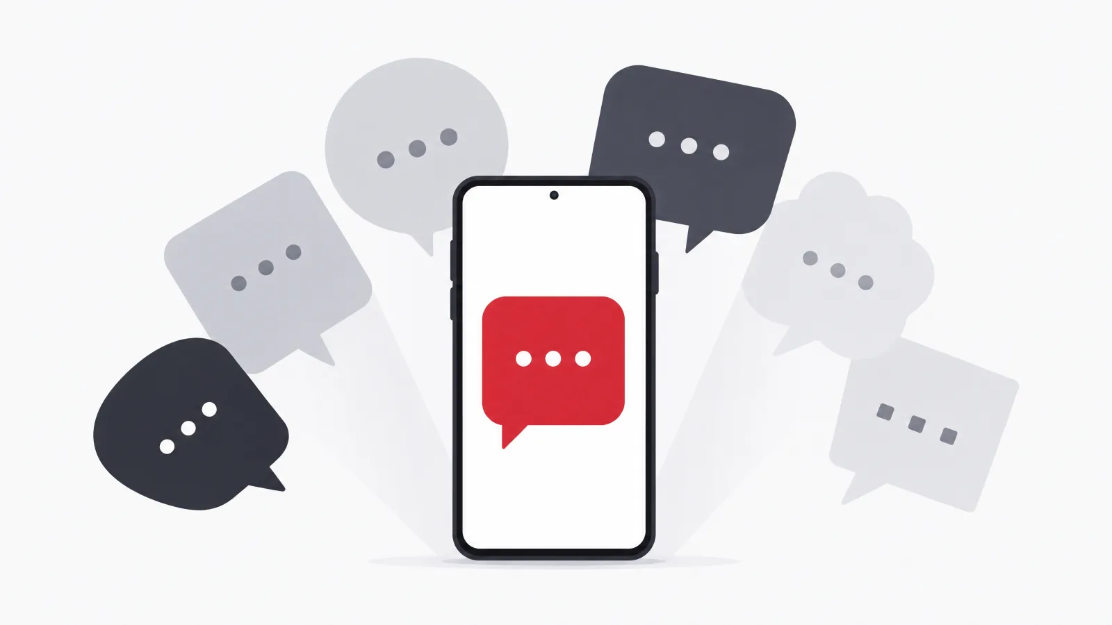 A smartphone with one speech bubble on screen and six differently shaped translucent bubbles fanned out behind it