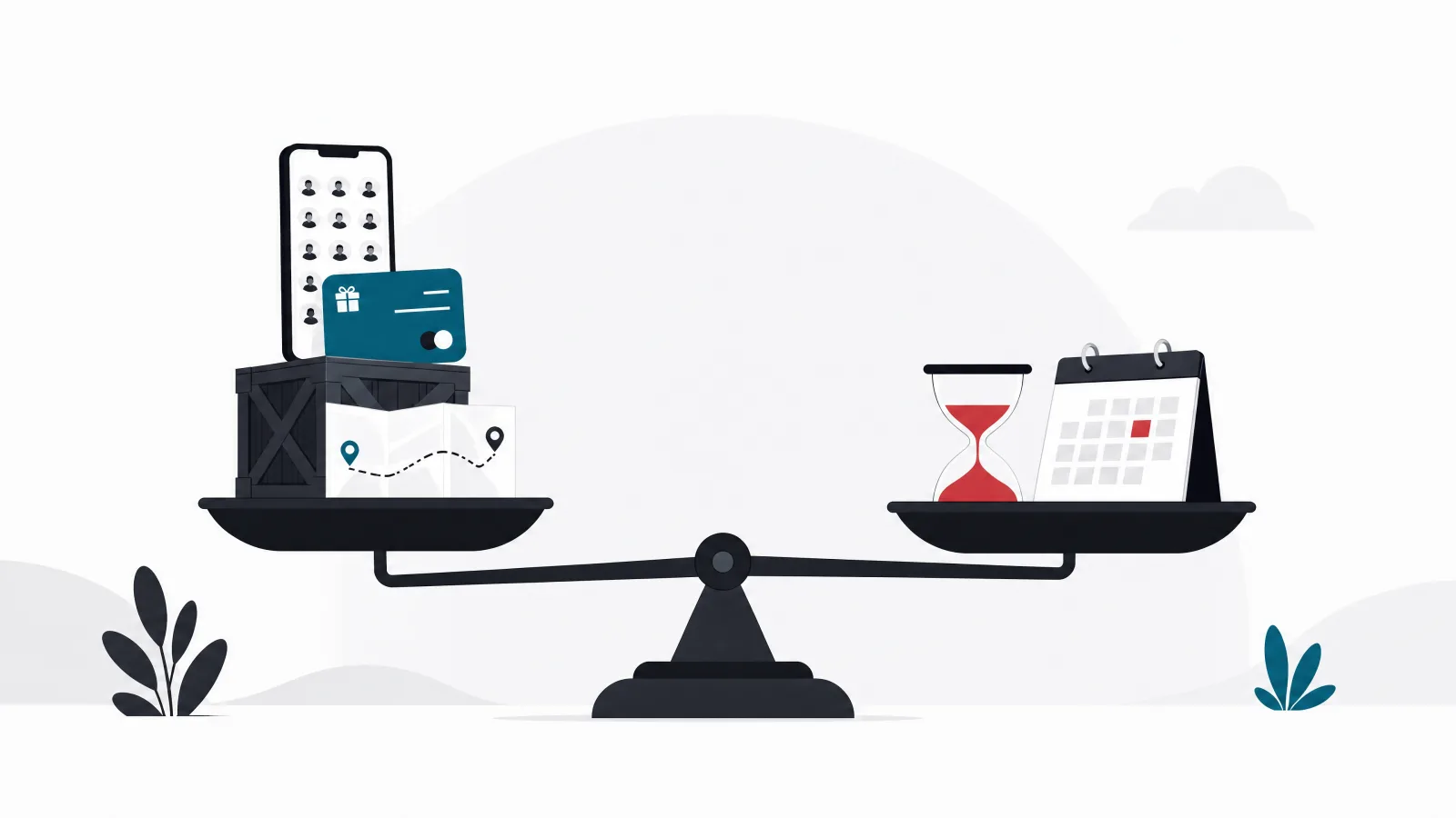A balance scale with a phone, a loyalty card, a crate and a map on one pan and an hourglass with a calendar page on the other