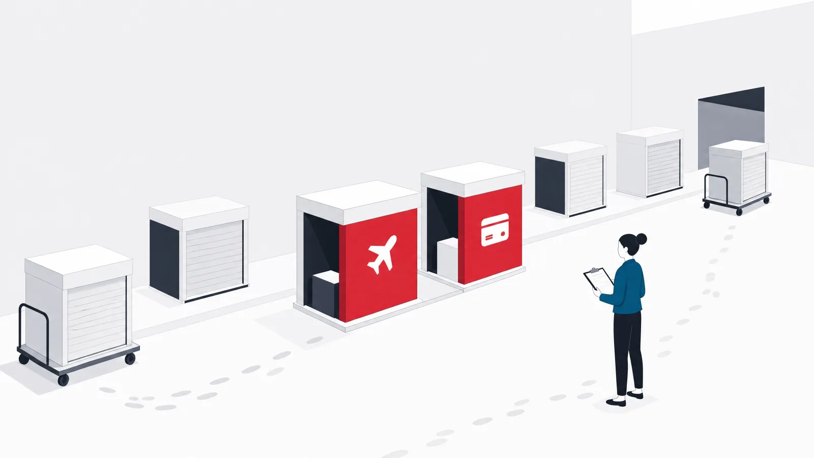 A runway of boxes with several shuttered or being wheeled away, leaving footprints, while two central boxes remain solid