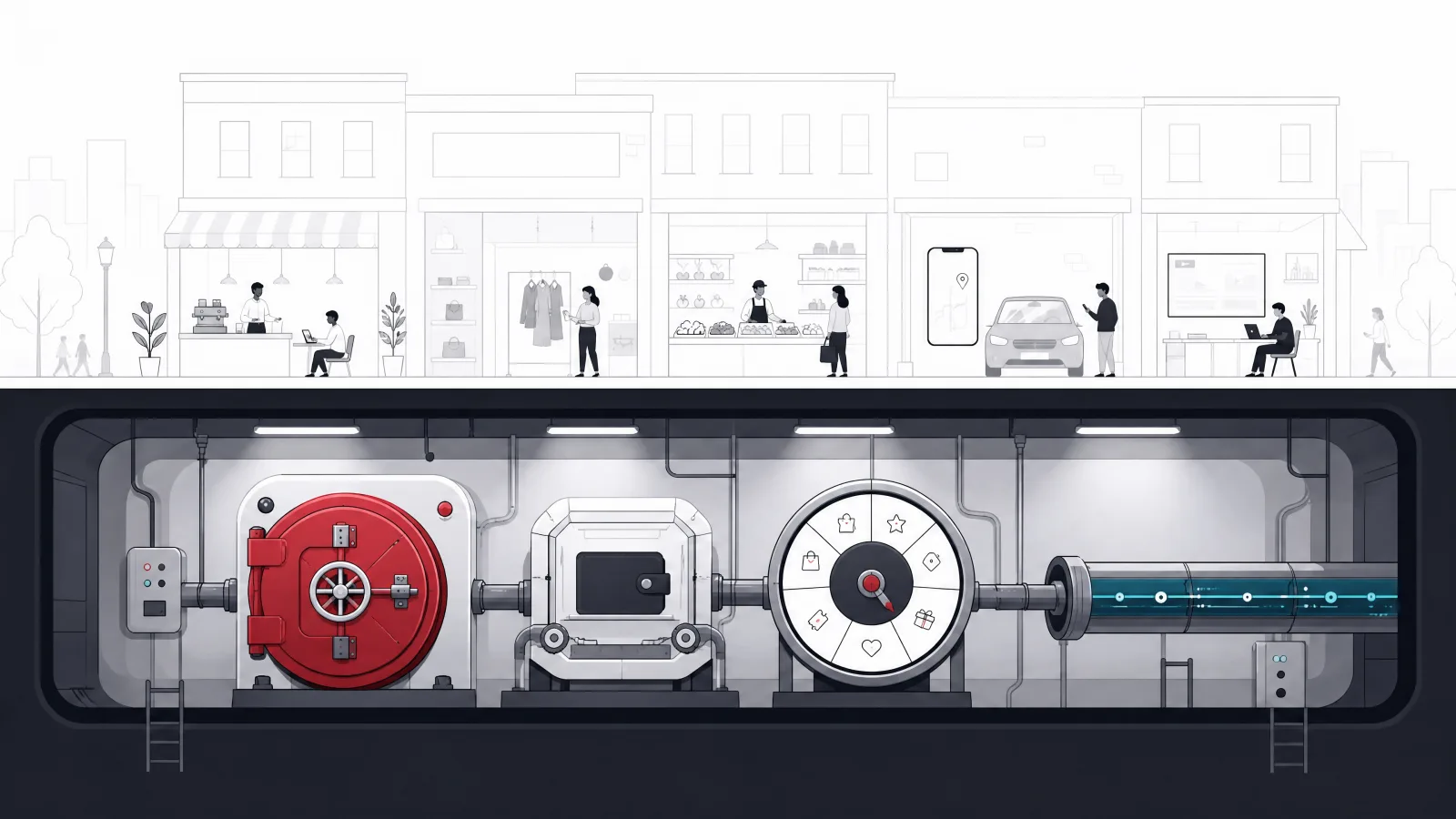 A building cutaway with half-sketched shops above and a solid basement machine room containing a vault, a wallet mechanism, a ledger wheel and a data pipe