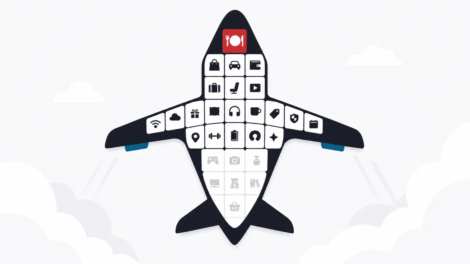 A top-down airplane silhouette filled with small app tiles, some faded to outlines near the tail