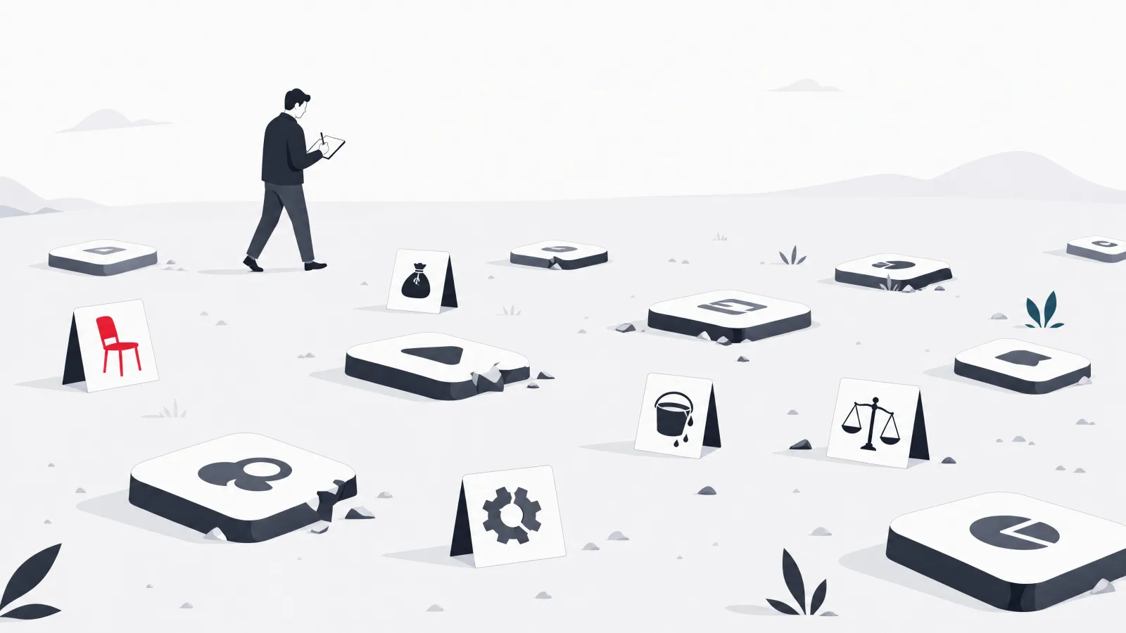A field of toppled app-icon monuments with placards showing an empty chair, coin sack, leaking bucket and broken scale, and one small cracked gear