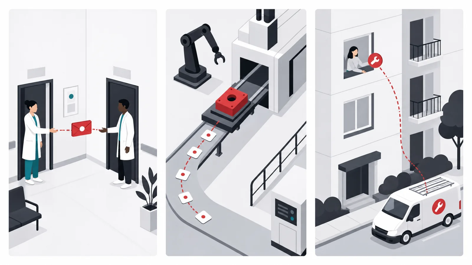 Three tall dioramas showing a referral envelope passing between clinic doors, a component leaving stamped tags on a factory track and a wrench traveling from a tenant window to a van