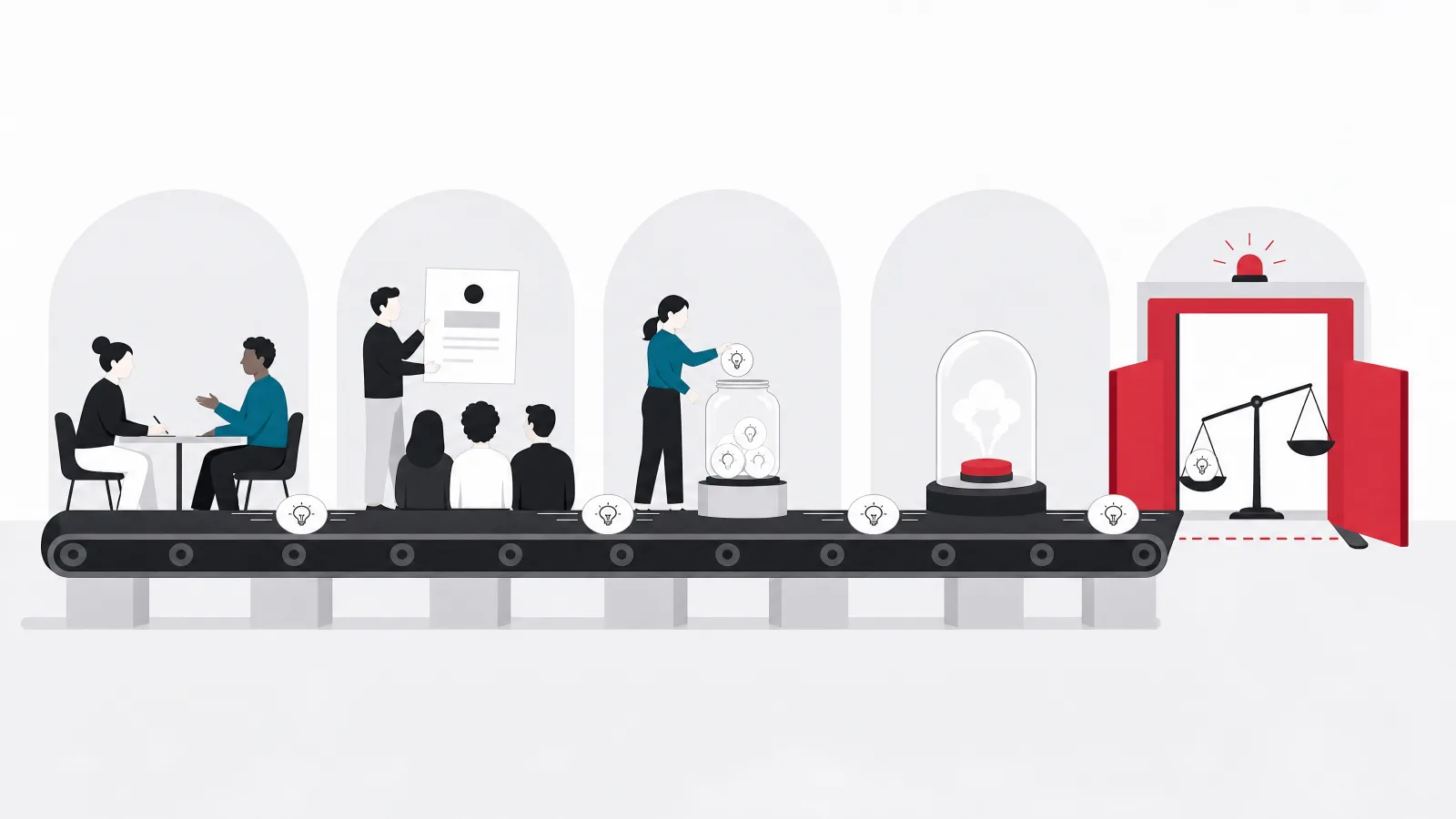 An idea token moving along a five-station line of interviews, a paper landing page, a coin jar, a button under a bell jar and a scale-operated gate
