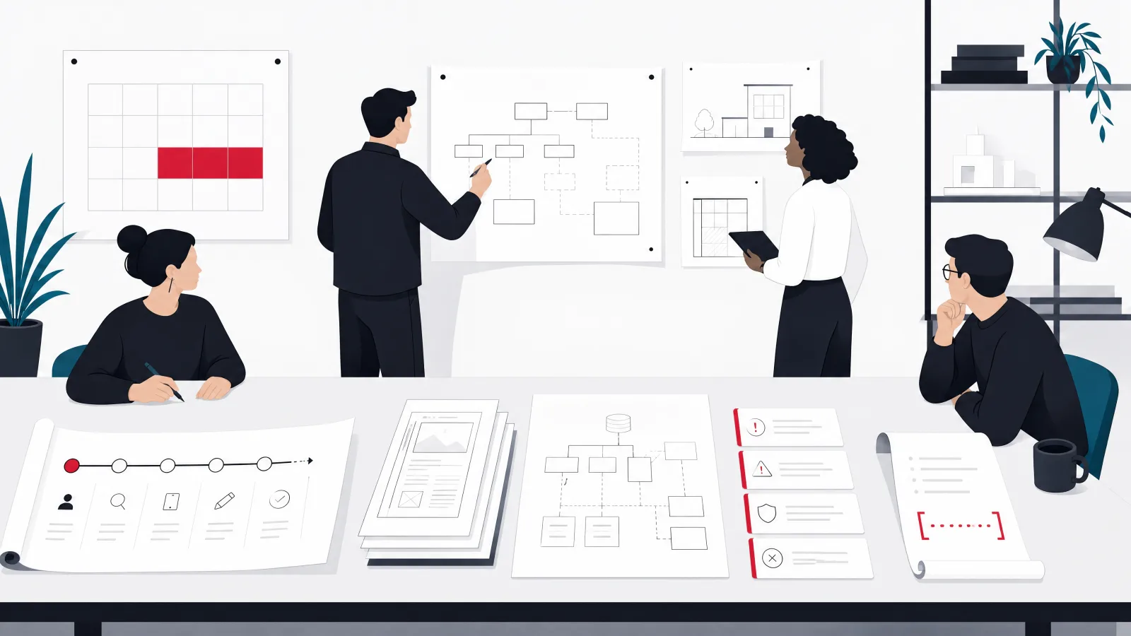 A team in a drafting studio laying out a journey map ribbon, sketched screens, a systems diagram, risk cards and an estimate scroll with a range bracket