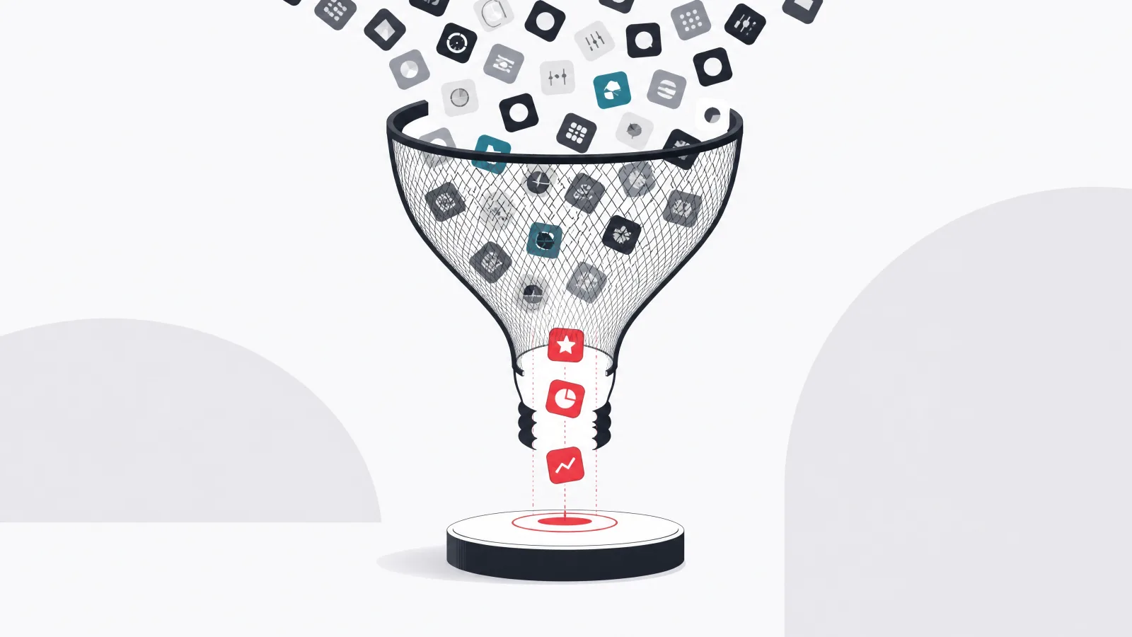 A lightbulb drawn as a sieve with many app icons pouring in and only a few emerging onto a launch pad below