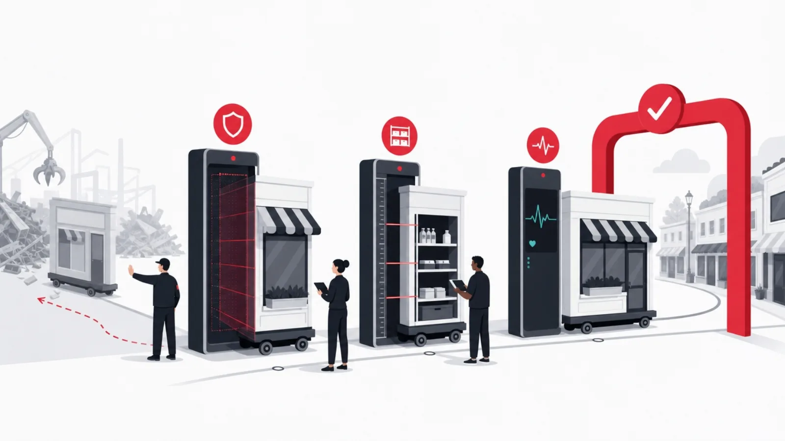Portable storefronts on wheels passing a gate of shield, shelf and heartbeat instruments, one turned away, one under a red arch