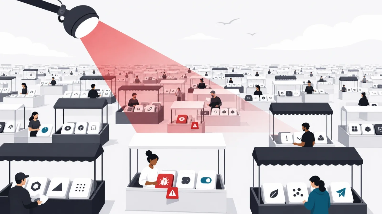 A vast bazaar of app crates run by many stall keepers, a red inspection beam revealing a few caution-tagged crates