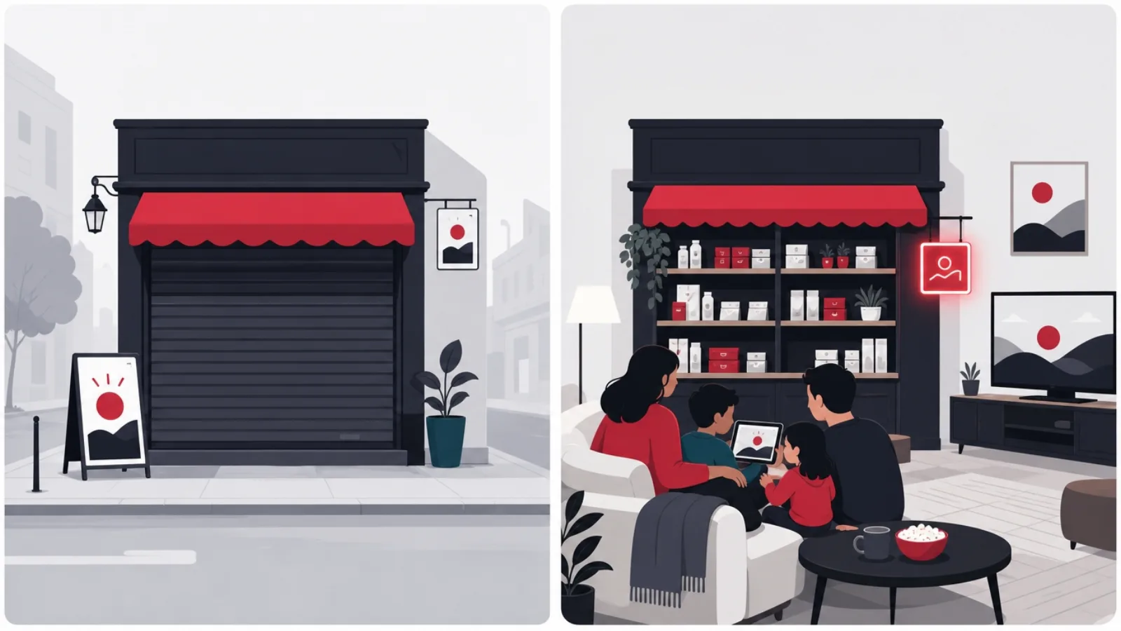A storefront shuttered on the main street in one panel and thriving inside a living room serving a family in the second, red open sign lit