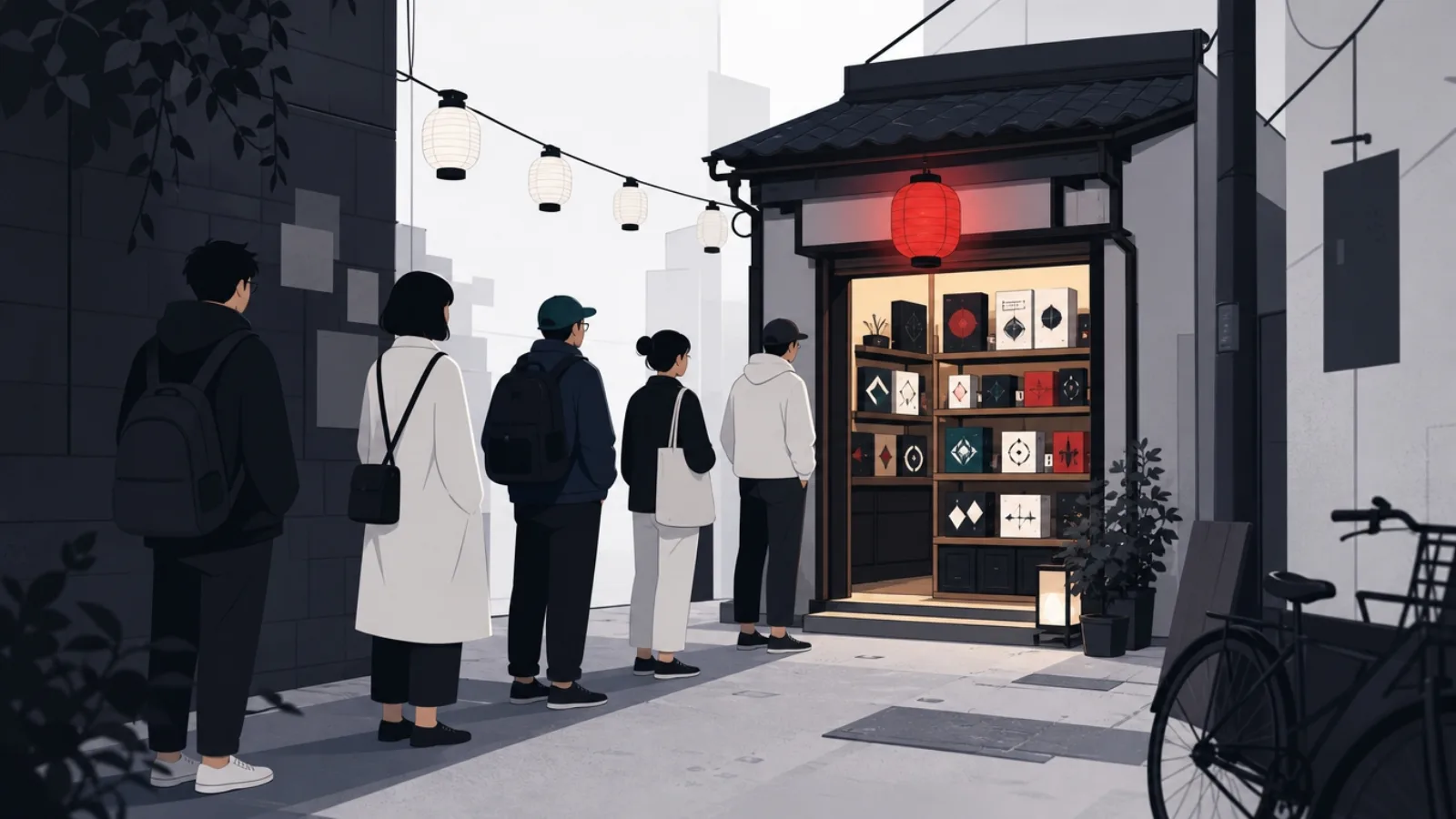 A small lantern-lit specialty shop with unique game boxes and a loyal queue outside, one red lantern glowing above the door