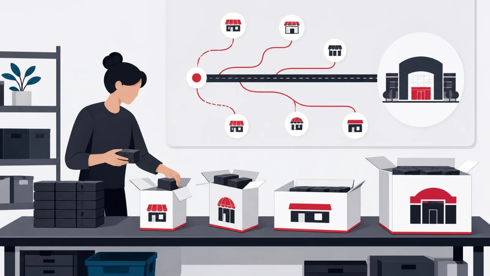 A developer packing one product into several store-stenciled crates, a wall map showing one thick road and several red side roads