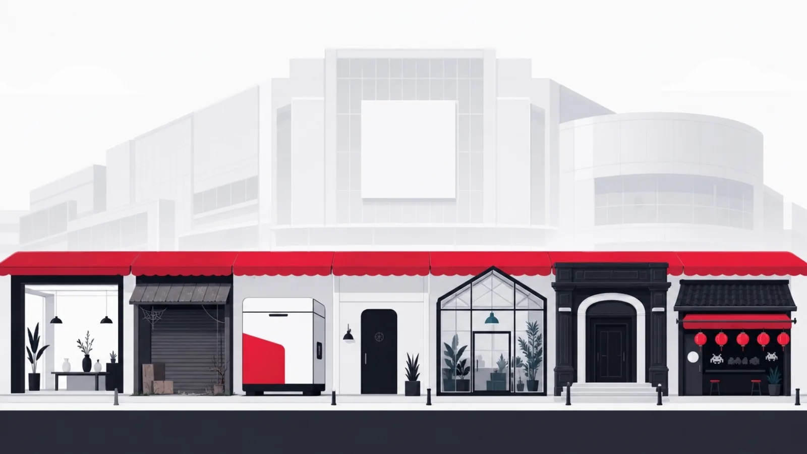 Seven characterful small storefronts in a row under a red awning, with one enormous faded mall looming behind