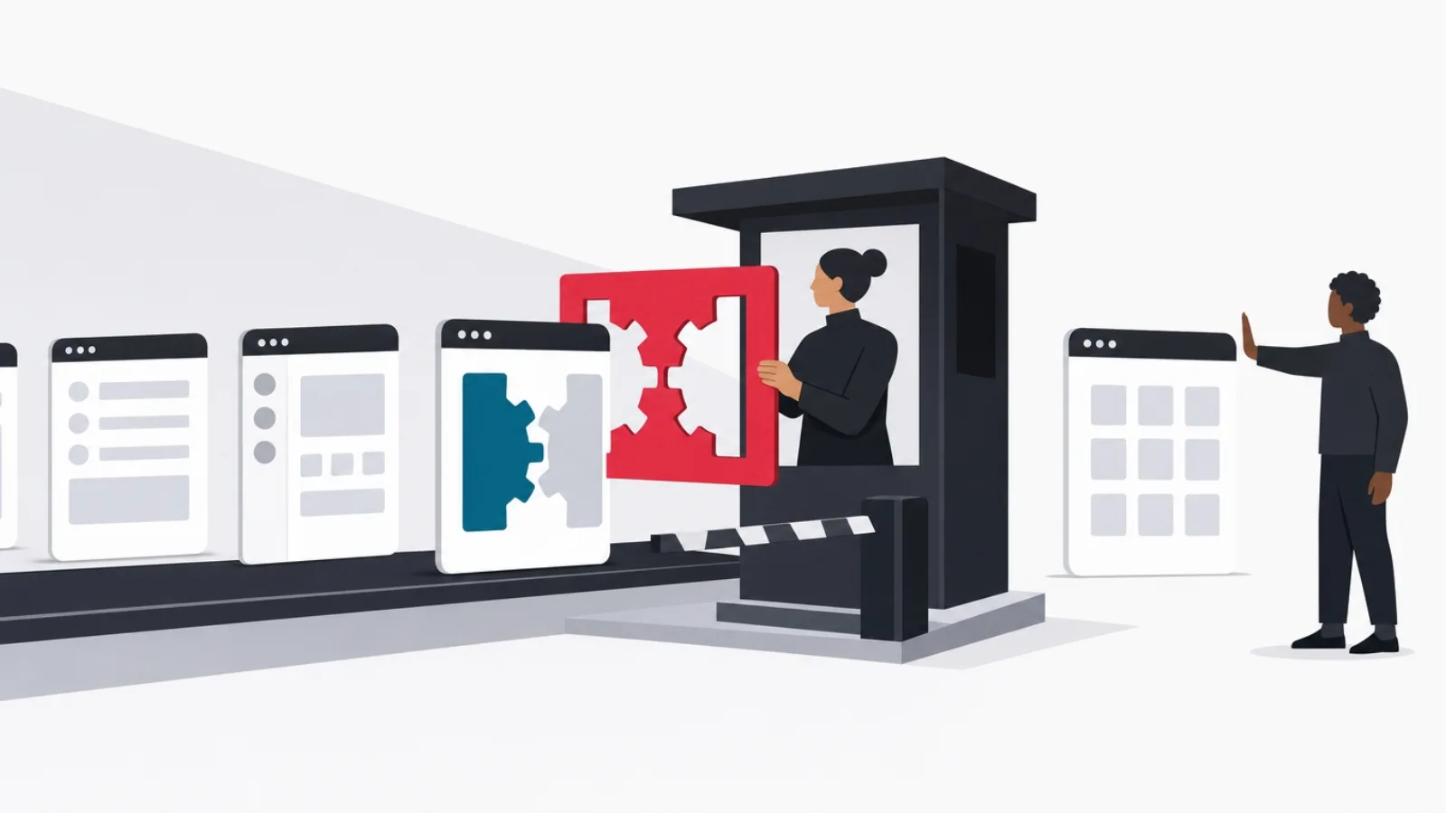 A gatekeeper testing app windows with a gear-shaped frame, passing one with meshed parts and turning away a grid of disconnected squares