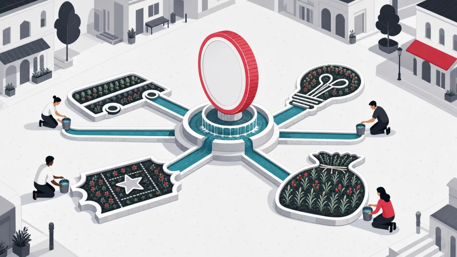 A coin-shaped fountain feeding water channels that irrigate garden plots shaped like a bus, lightbulb, ticket and grain sack