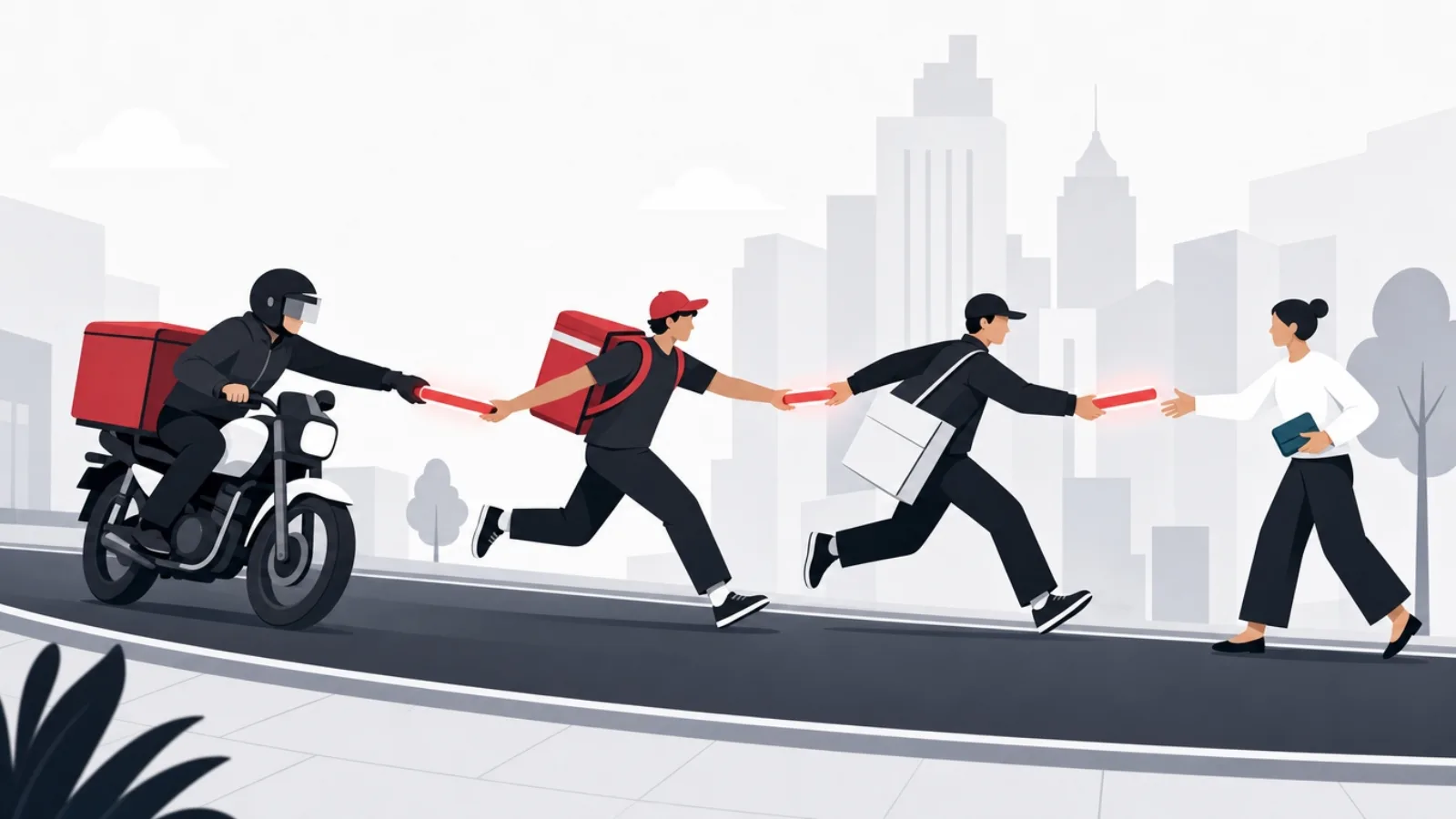 A glowing baton passed along a curved street from a motorbike rider to a food courier to a parcel runner to a wallet holder