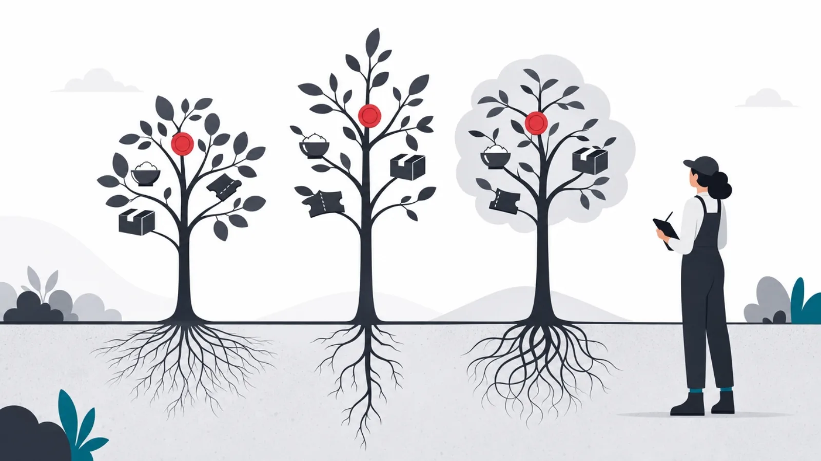 Three differently shaped trees grown from different seeds all bearing the same fruit shapes of a coin, bowl, parcel and ticket