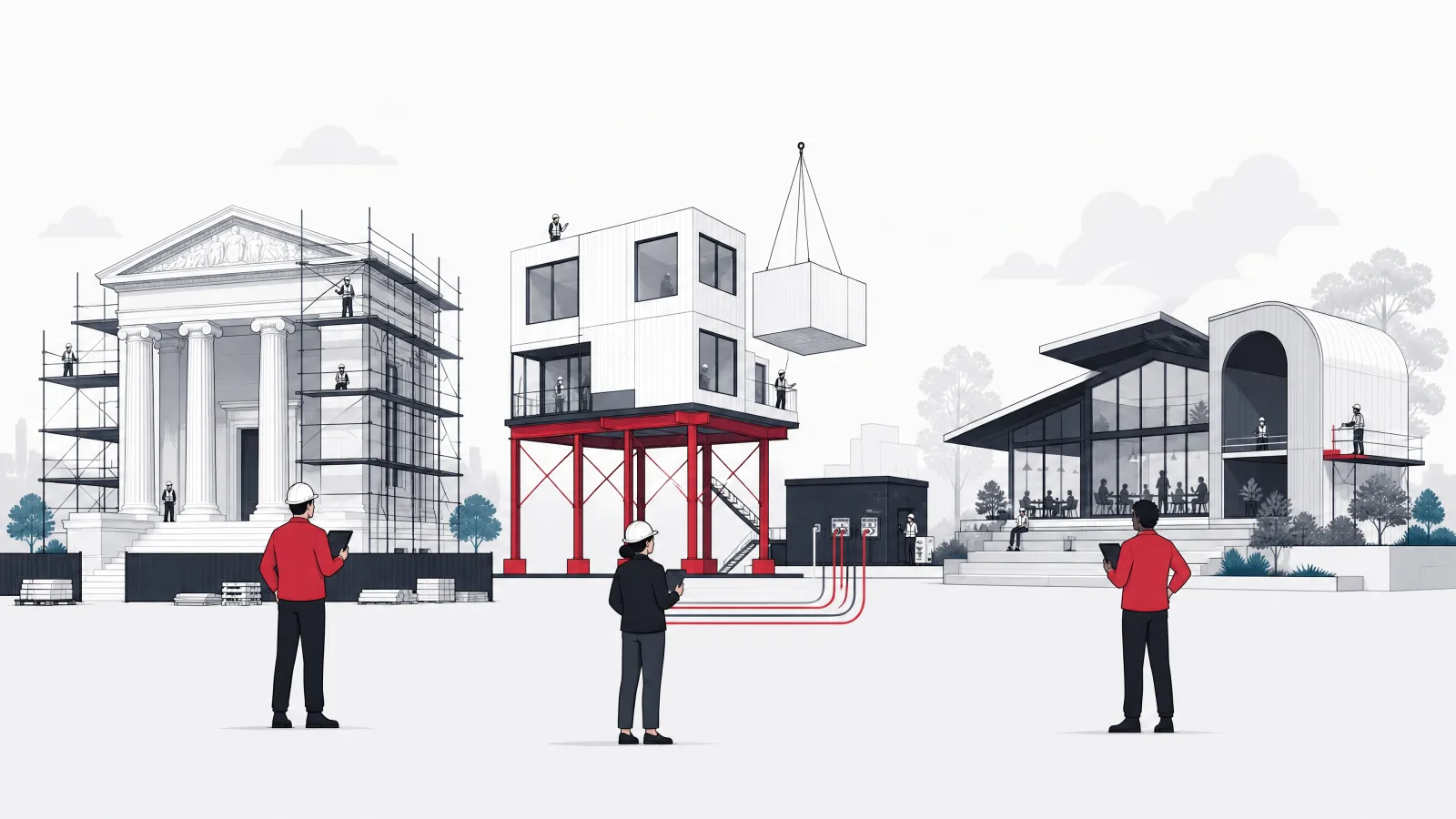 Three sites showing a renovated stone bank, a modular build on rented provider stilts and a pavilion gaining a vault wing