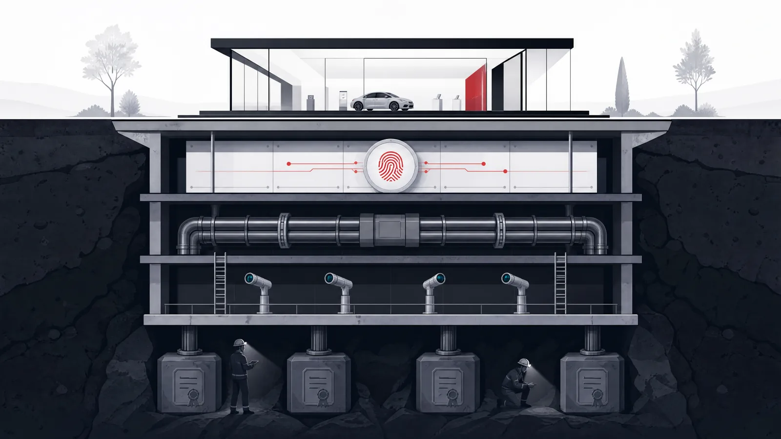 A thin showroom above deep foundation layers of biometrics, armored conduits, monitoring instruments and seal-shaped anchors