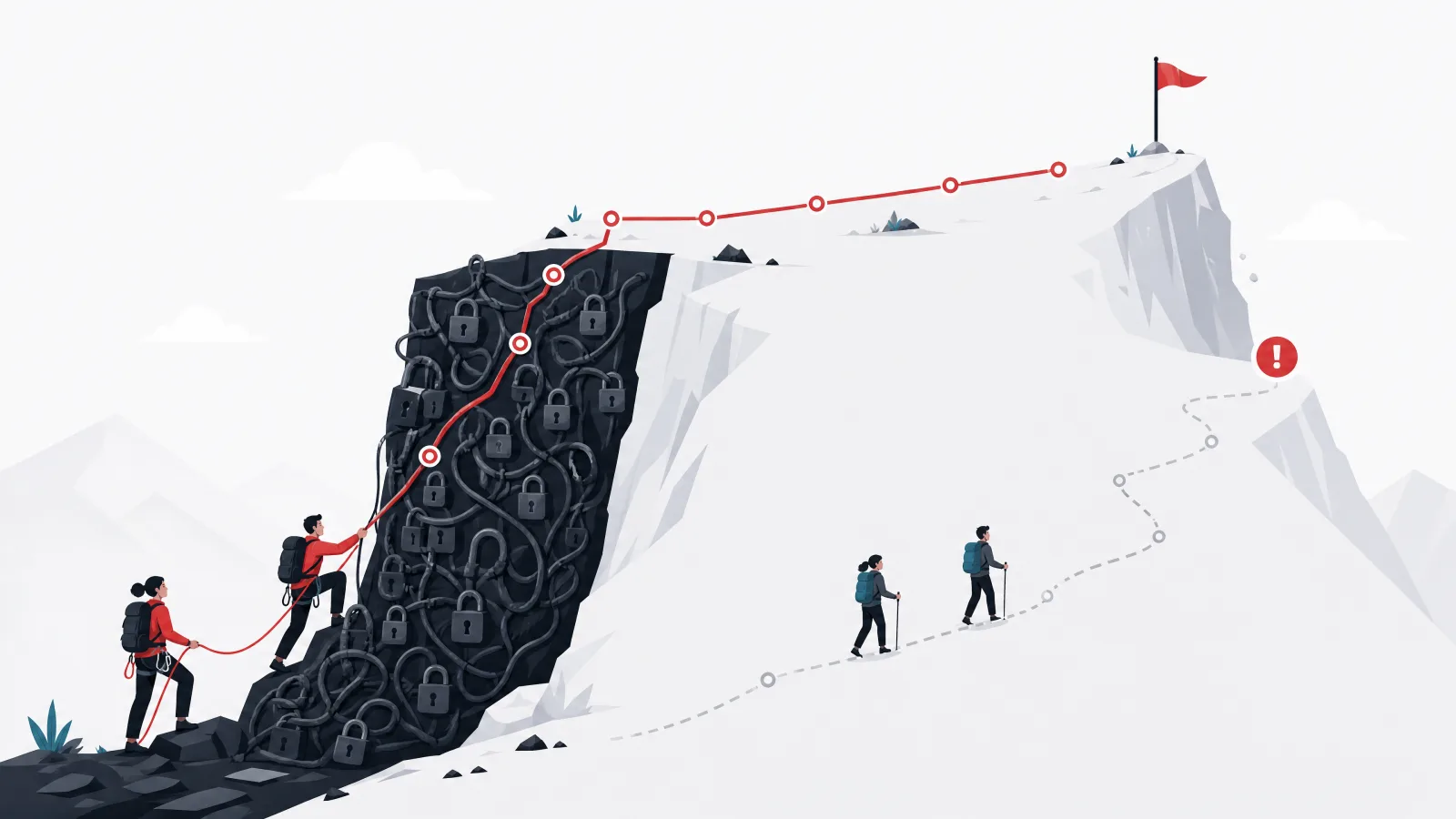 A climbing route with the sheer cliff of cables and locks at the start easing to a gentle ridge, beside a faded route hiding its cliff at the top