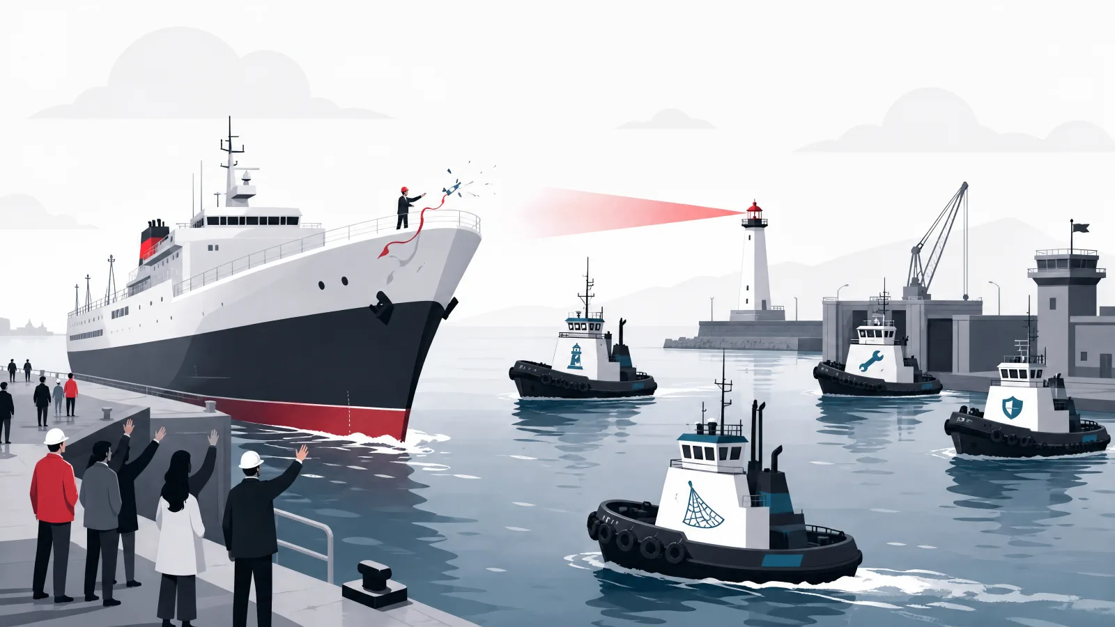 A ship past its bottle-break moment attended by fraud-net, lighthouse, dry dock and customs vessels in a working harbor