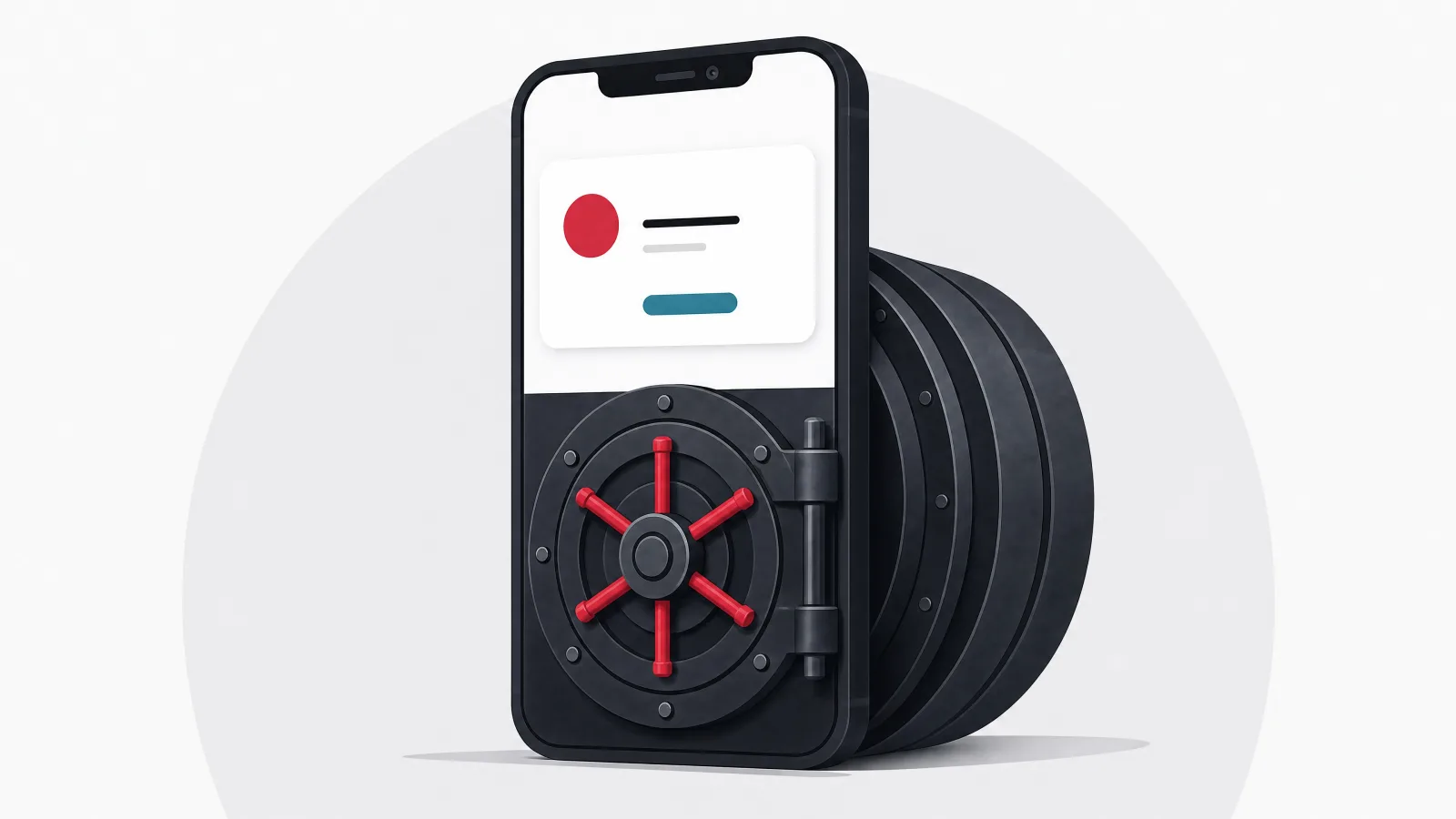 A smartphone fused into a bank vault door with receding steel layers and a rotary lock