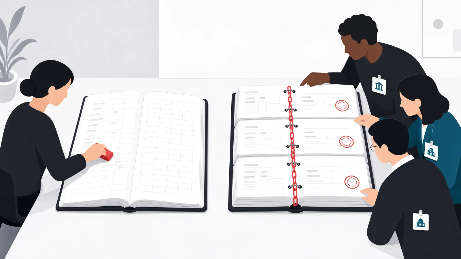 A normal ledger edited by one figure with an eraser beside a chain-bound stamped ledger read by three figures with different building badges