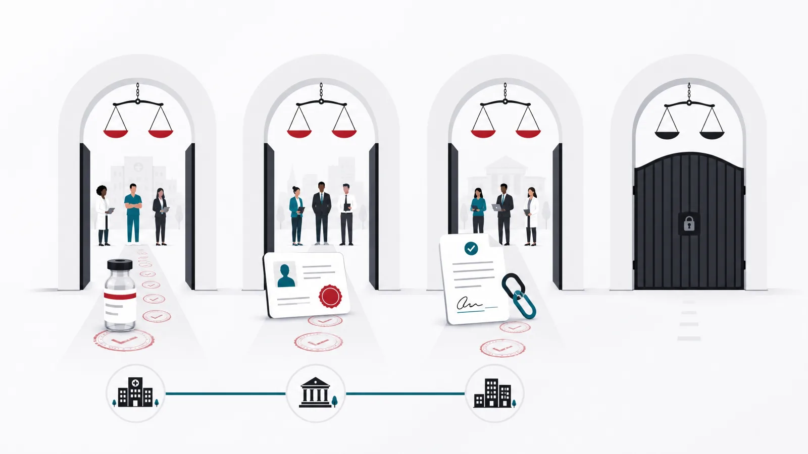 Four gates with scales above them, three open with a medicine vial, credential card and consent form passing through, one closed