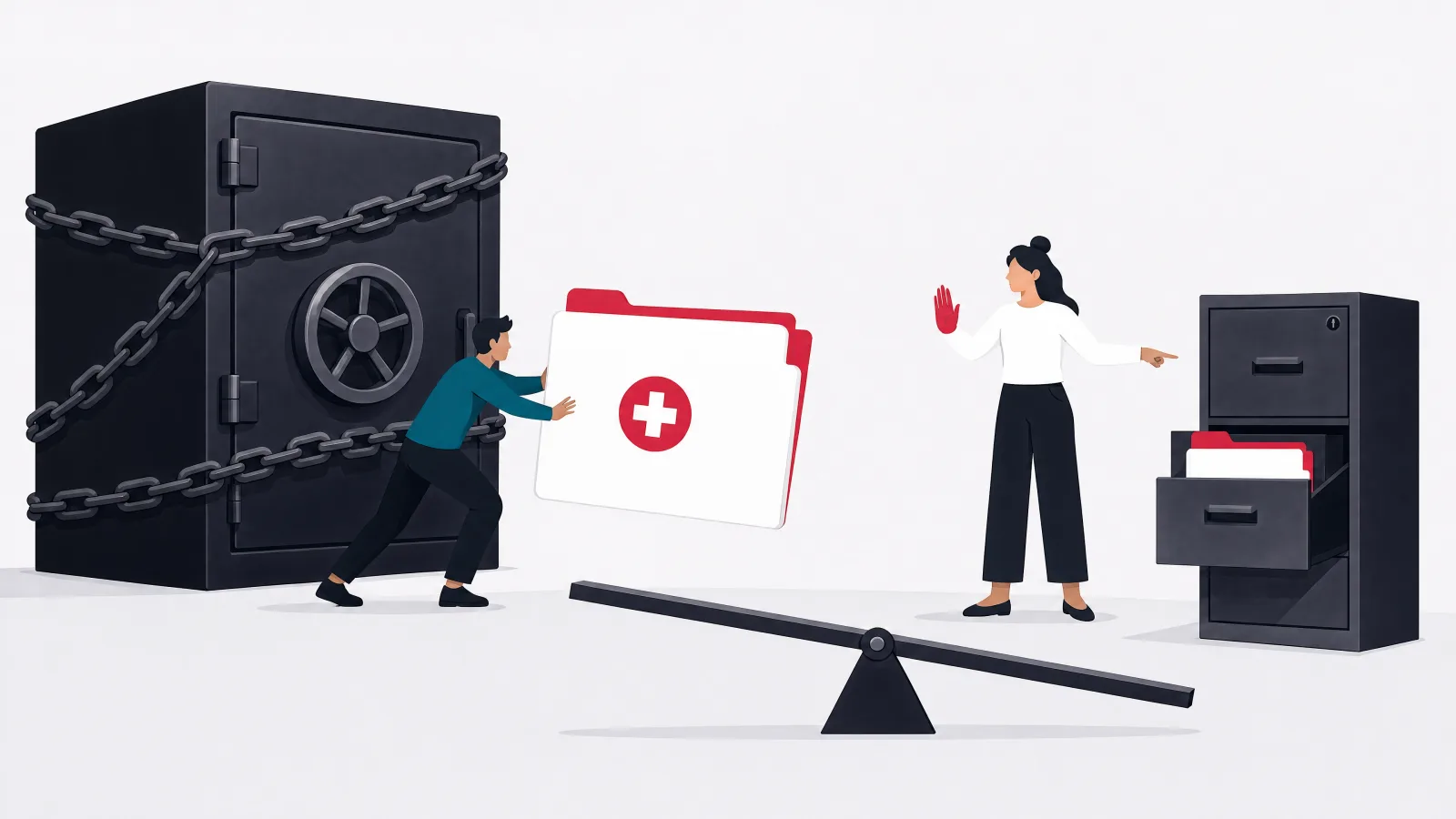 A figure pushing a patient record toward a chain-bound vault while another figure points to an ordinary locked filing cabinet already holding it