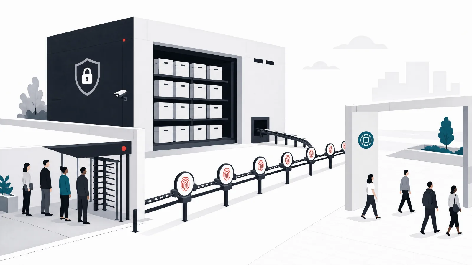 A warehouse of document boxes beside a chain rail carrying small fingerprint tokens, with a members-only turnstile and an open plaza as entrances