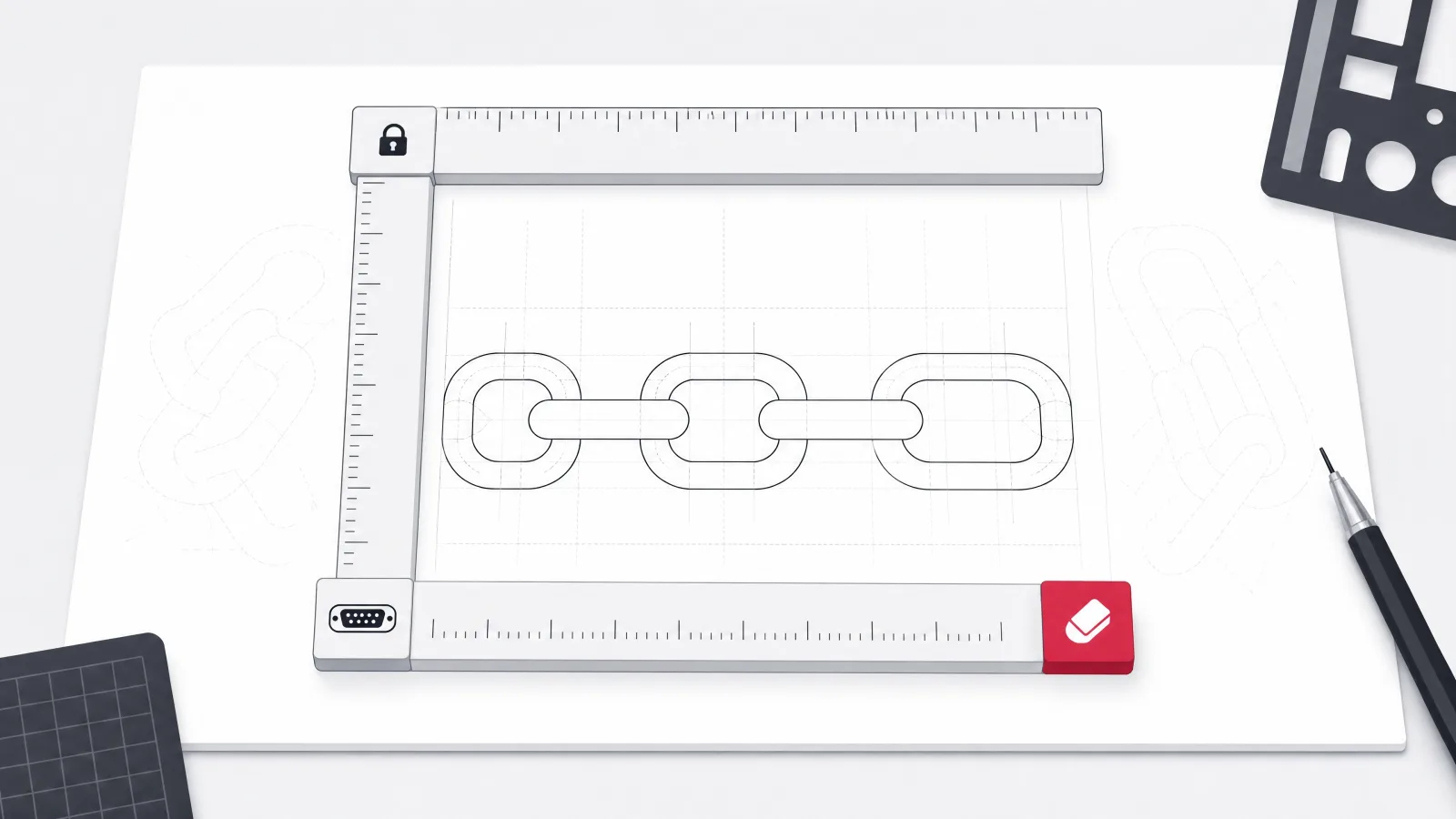 A chain-link design on a drafting board boxed in by three rulers bearing a lock, an eraser and a connector socket, with erased lines outside