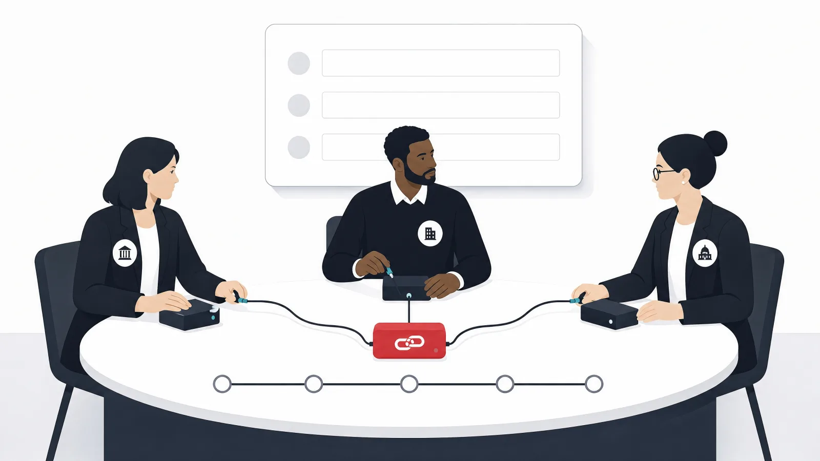 Three figures with different building badges each plugging one cable into a compact central chain device at a round table with a five-block timeline and an empty scoreboard