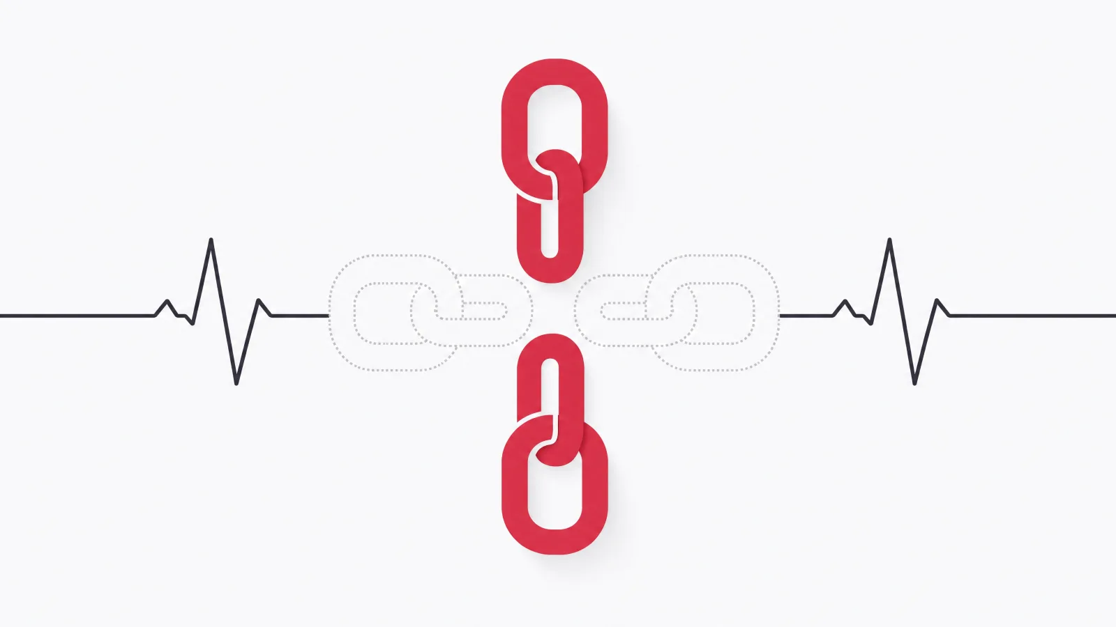 A medical cross built from chain links with two arms solid and two arms fading into dotted outline over a pulse line