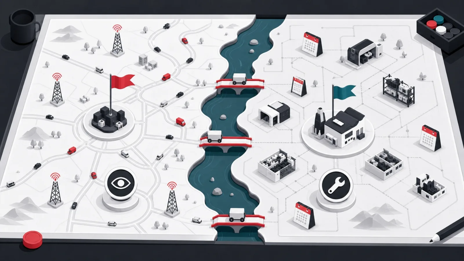 A map table of two territories divided by a river, live roads with signal towers on one side and workshops with calendar obelisks on the other