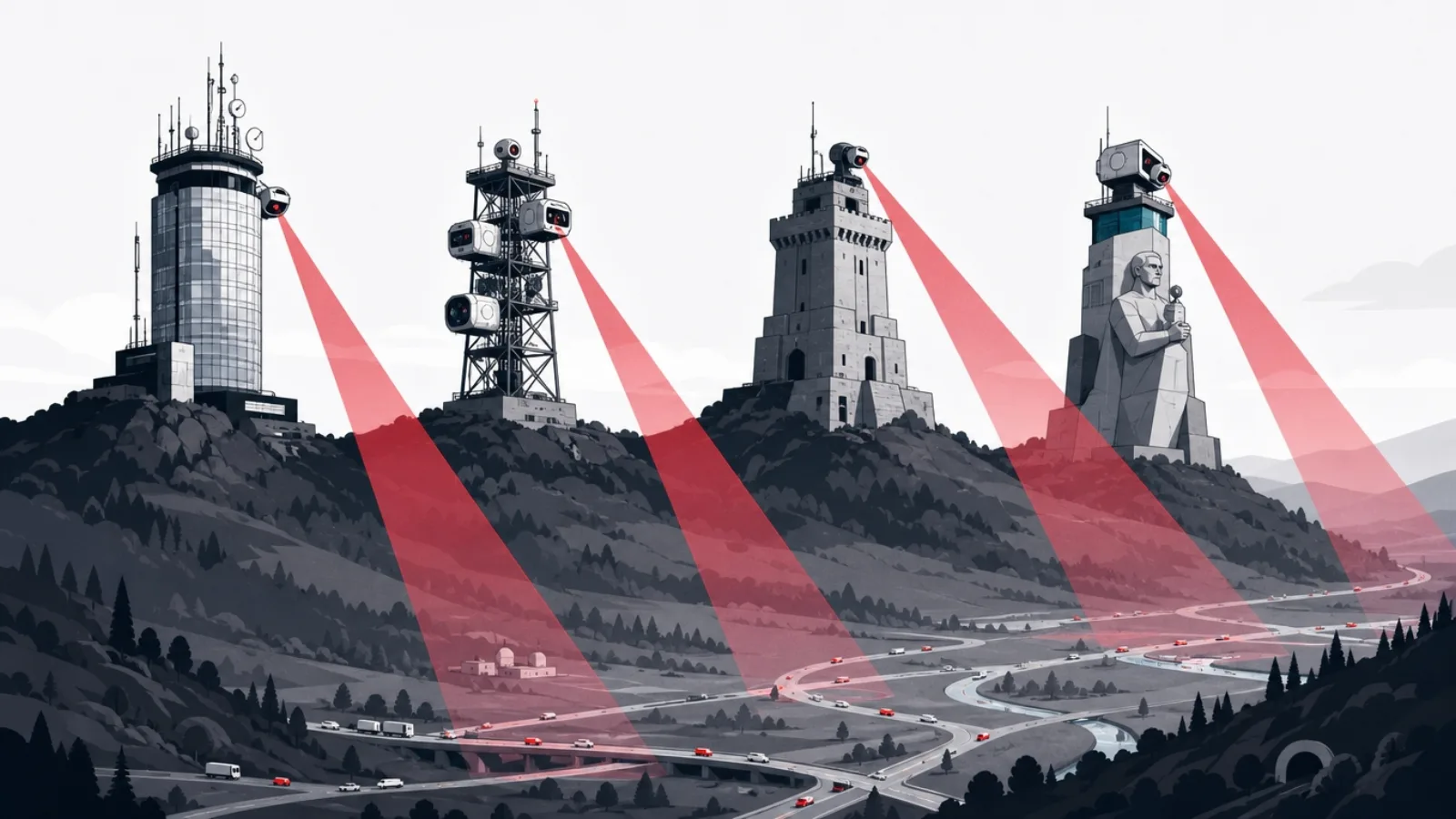 Four differently built observatory towers sweeping distinct searchlight patterns over one valley of moving vehicles