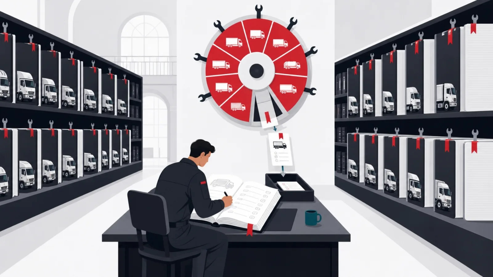 A library of truck-shaped bound volumes thickening with age, a mechanic updating one at a desk beneath a rotating calendar wheel