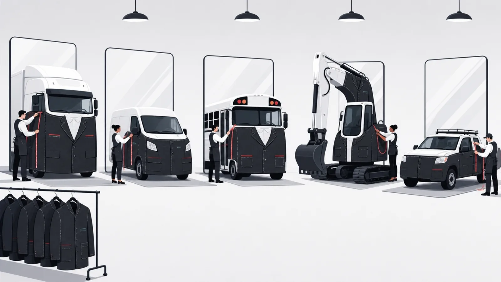 Fleet vehicle silhouettes each fitted with a differently cut coat by tailors, a rack of one-size coats ignored in the corner