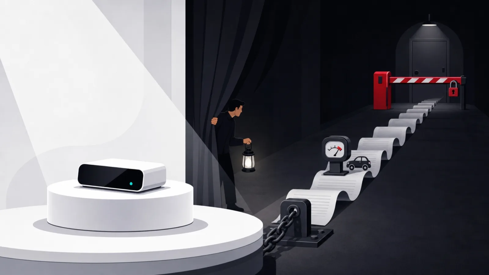 A gleaming showroom device in front of a curtain hiding a corridor of contract scrolls, a bolted anchor, a ticking meter and a tolled exit door